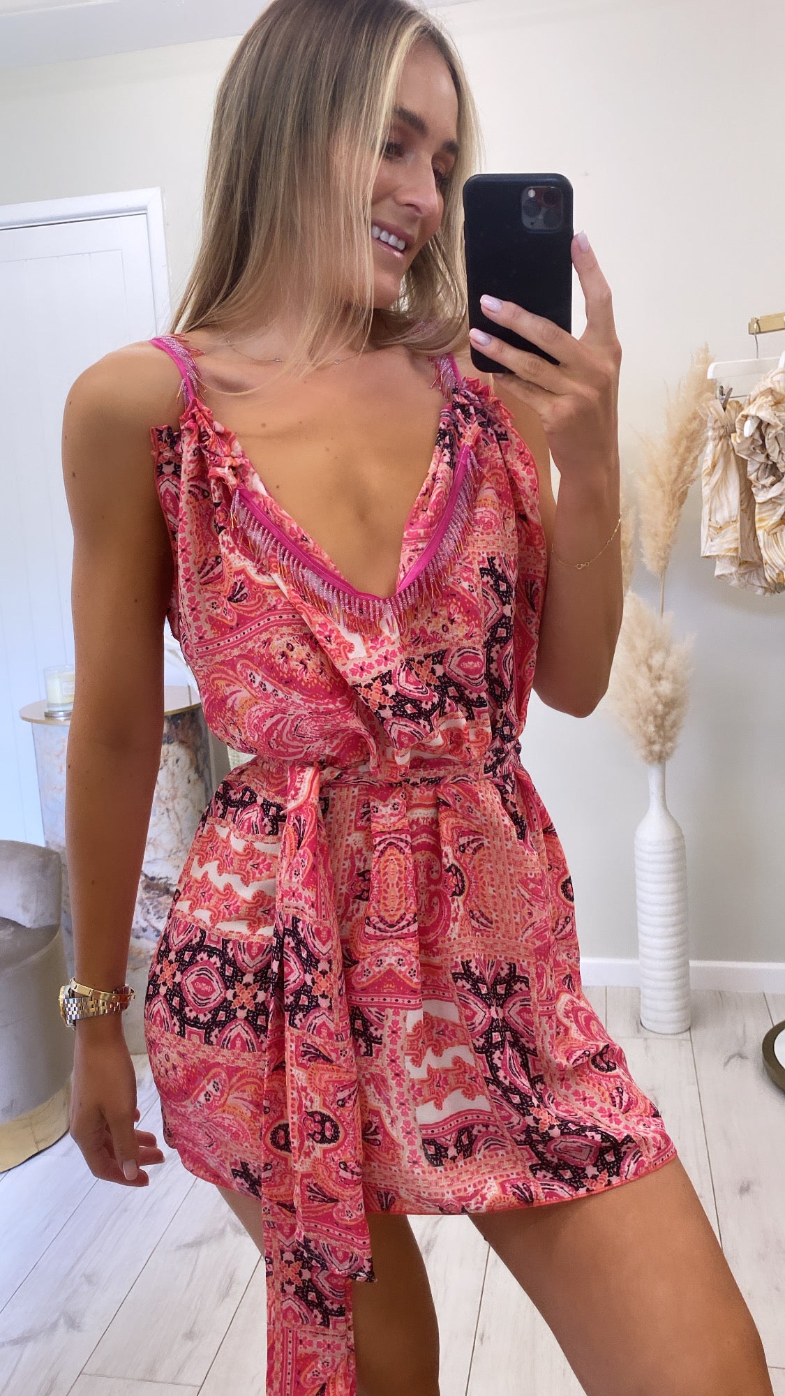 Pink print beaded beach dress
