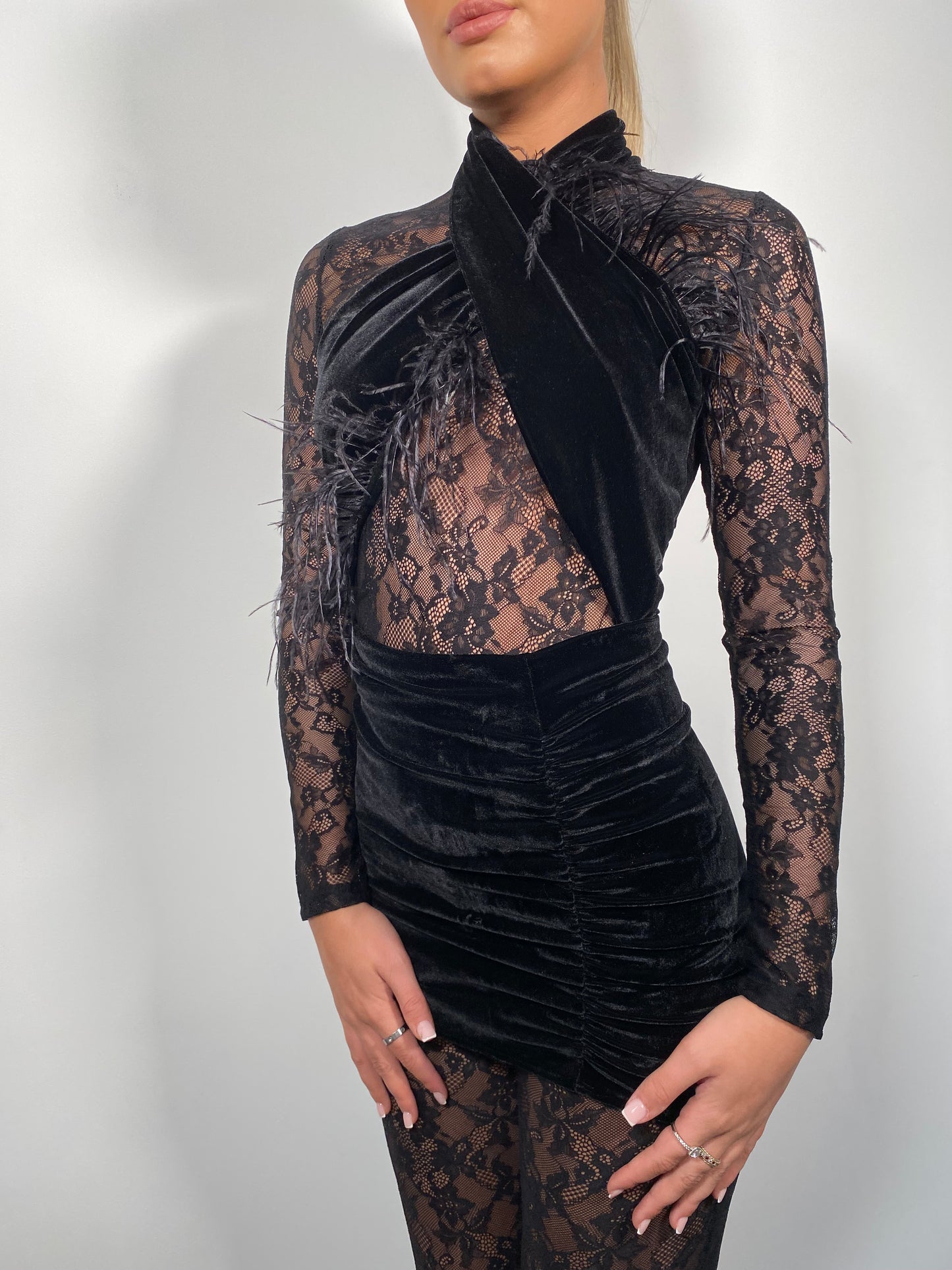 Lace feather catsuit