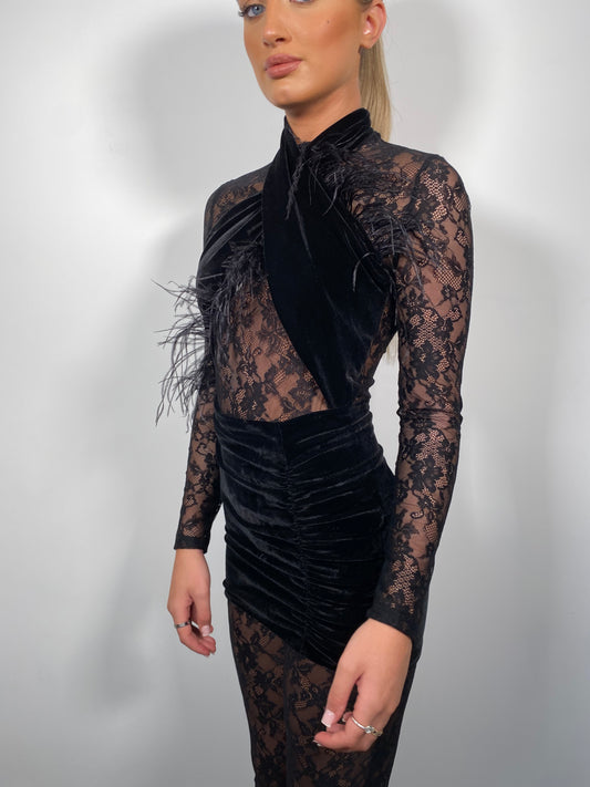 Lace feather catsuit