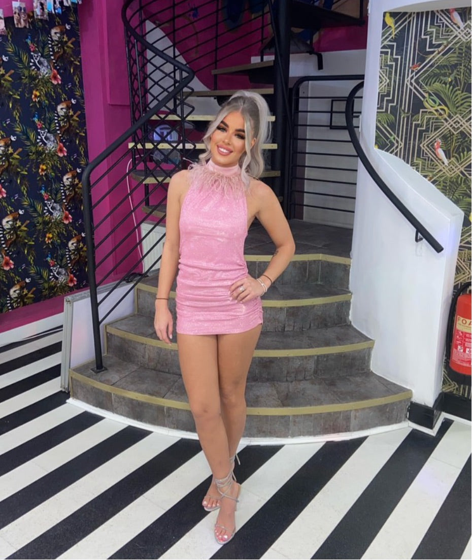 Pink glitter halter with neck feathers