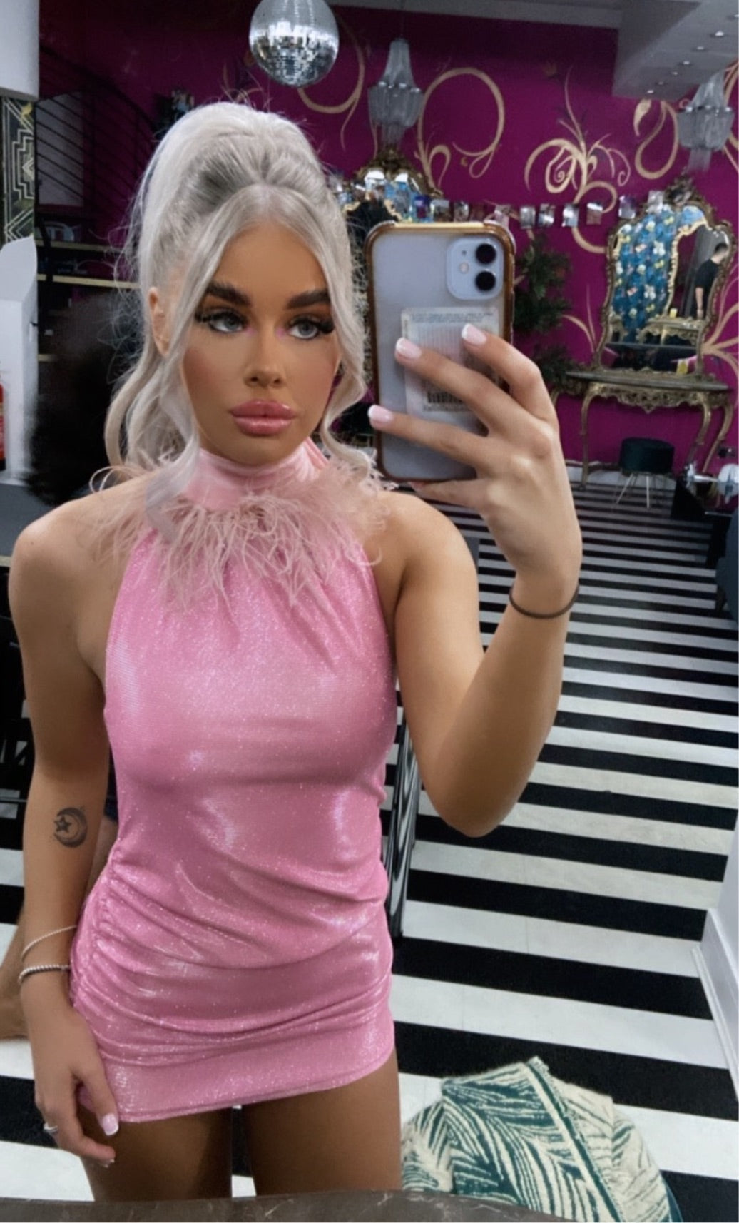 Pink glitter halter with neck feathers
