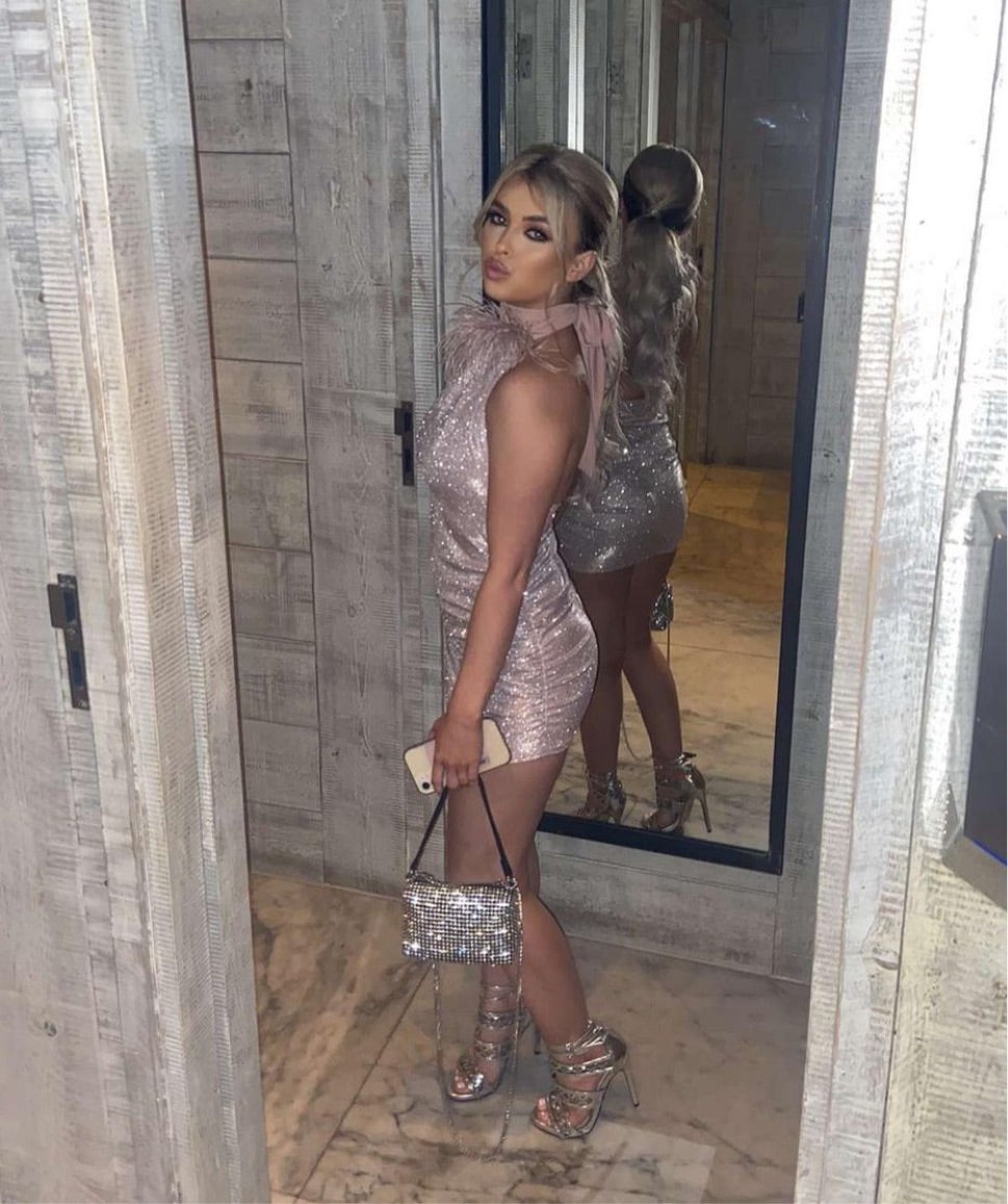 Champagne glitter halter with neck feathers