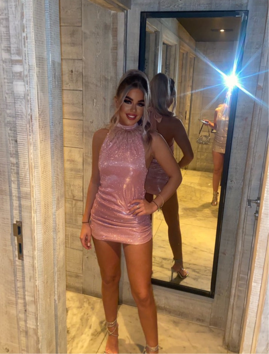 Pink glitter halter with neck feathers